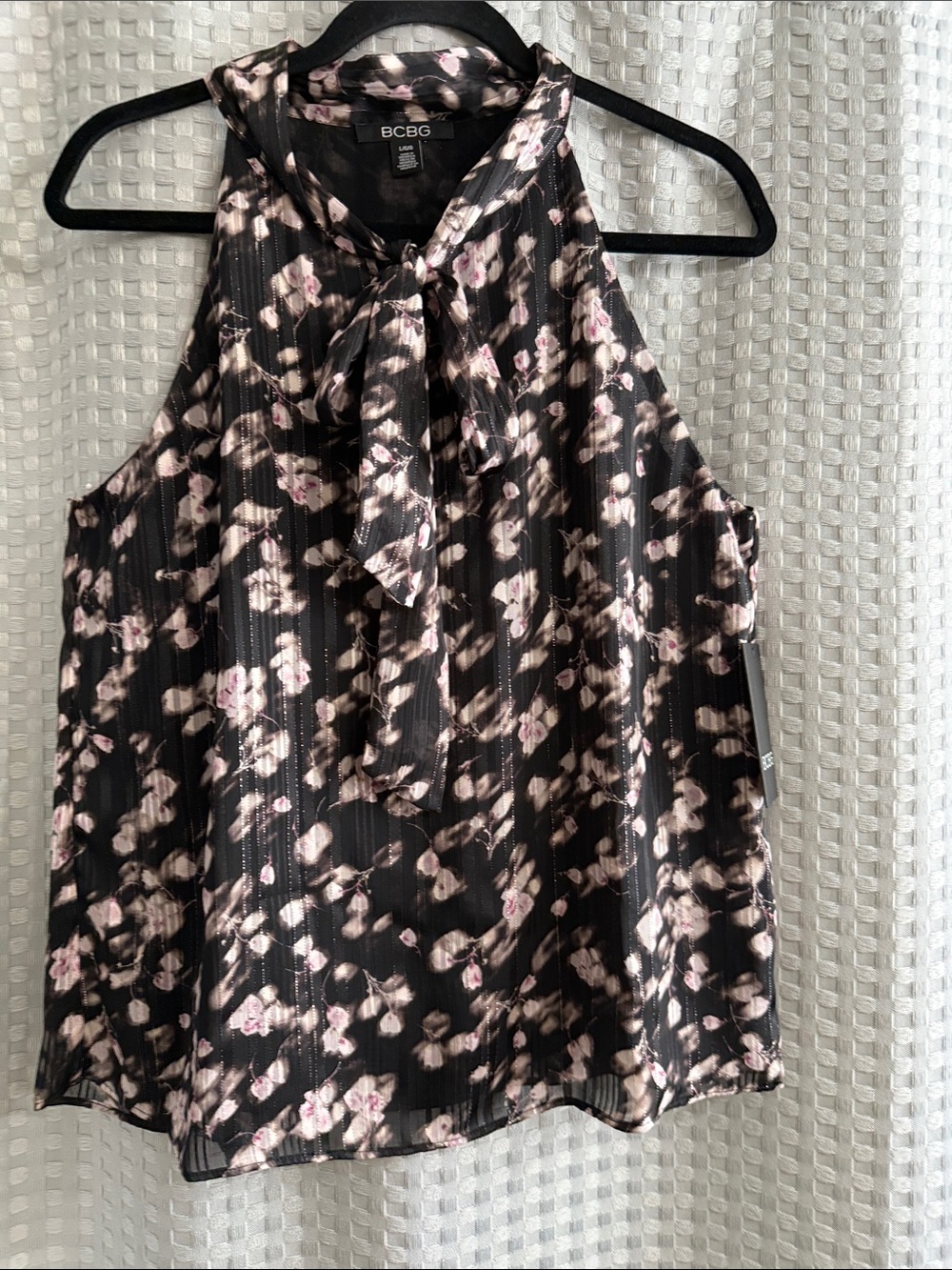 BCBG Black Floral Tie-Neck Halter Camisole with Pink Accents